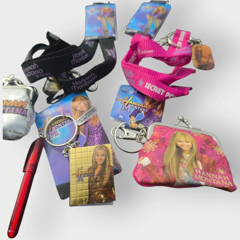 Hannah Montana LOT 2‎ Lanyards And 2 Coin Purses Pen Paper Bracelets Pink Purple